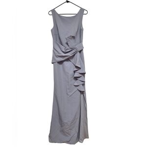 Elegant Gray Sleeveless Dress With Ruffle Detail, Zip Up Back And Side Slit